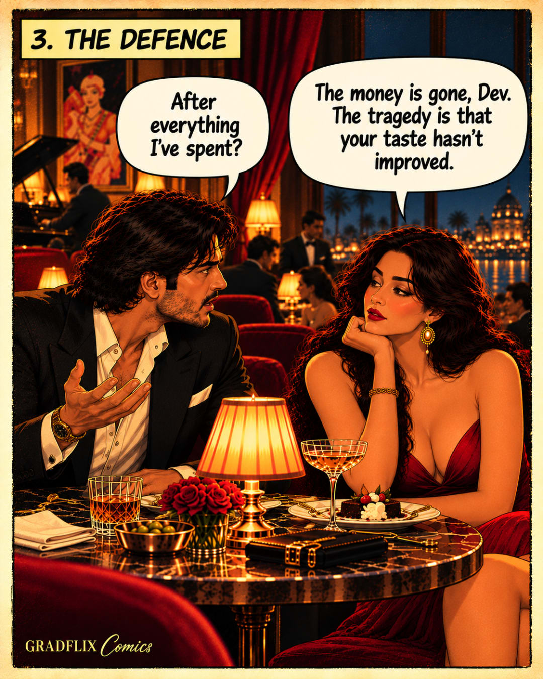 The man pleads with an open hand while the woman rests her chin on hers, unmoved