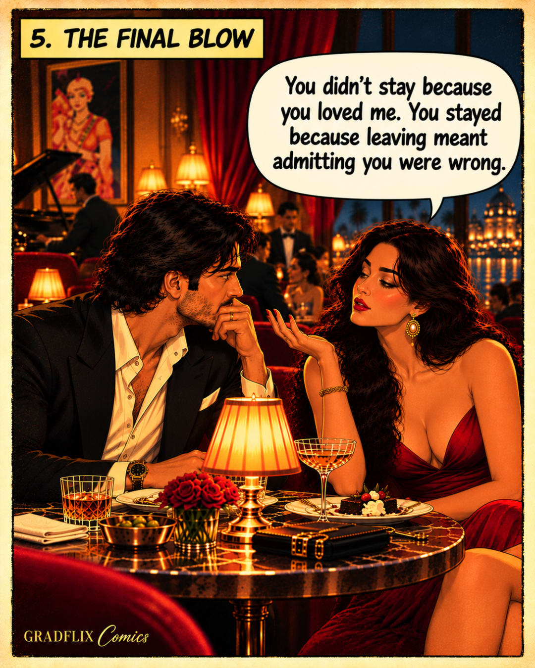 The woman delivers her final line to the man across the lounge table