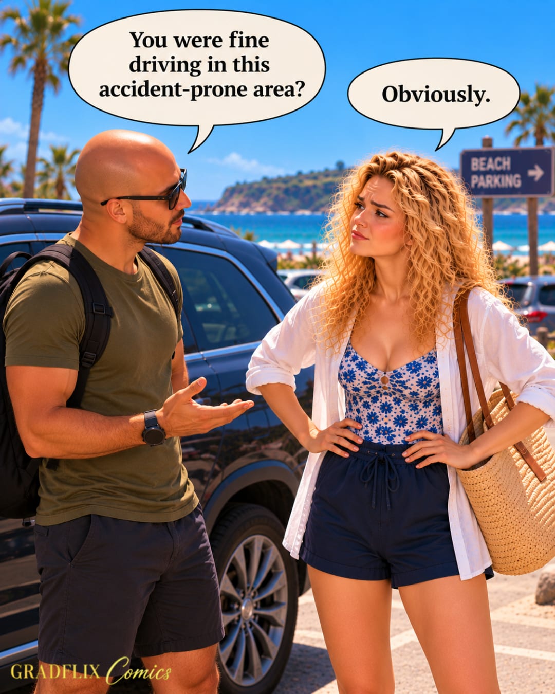 The man asks if she was fine driving in an accident-prone area and she answers confidently with hands on hips