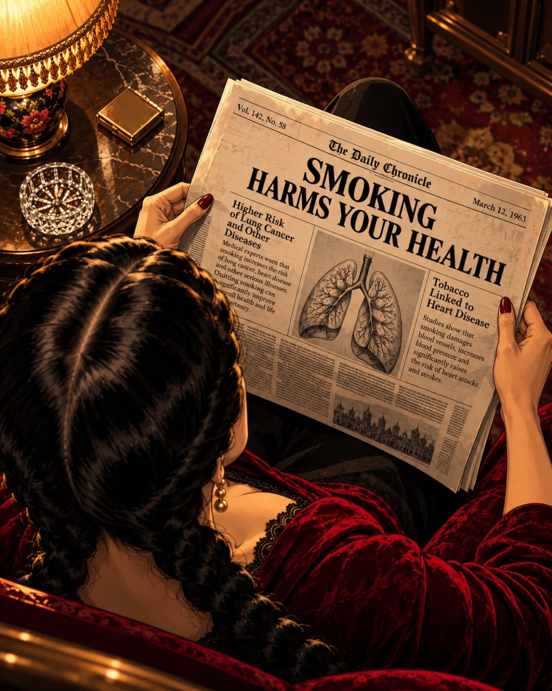 A woman in an armchair reads a newspaper with the headline Smoking Harms Your Health