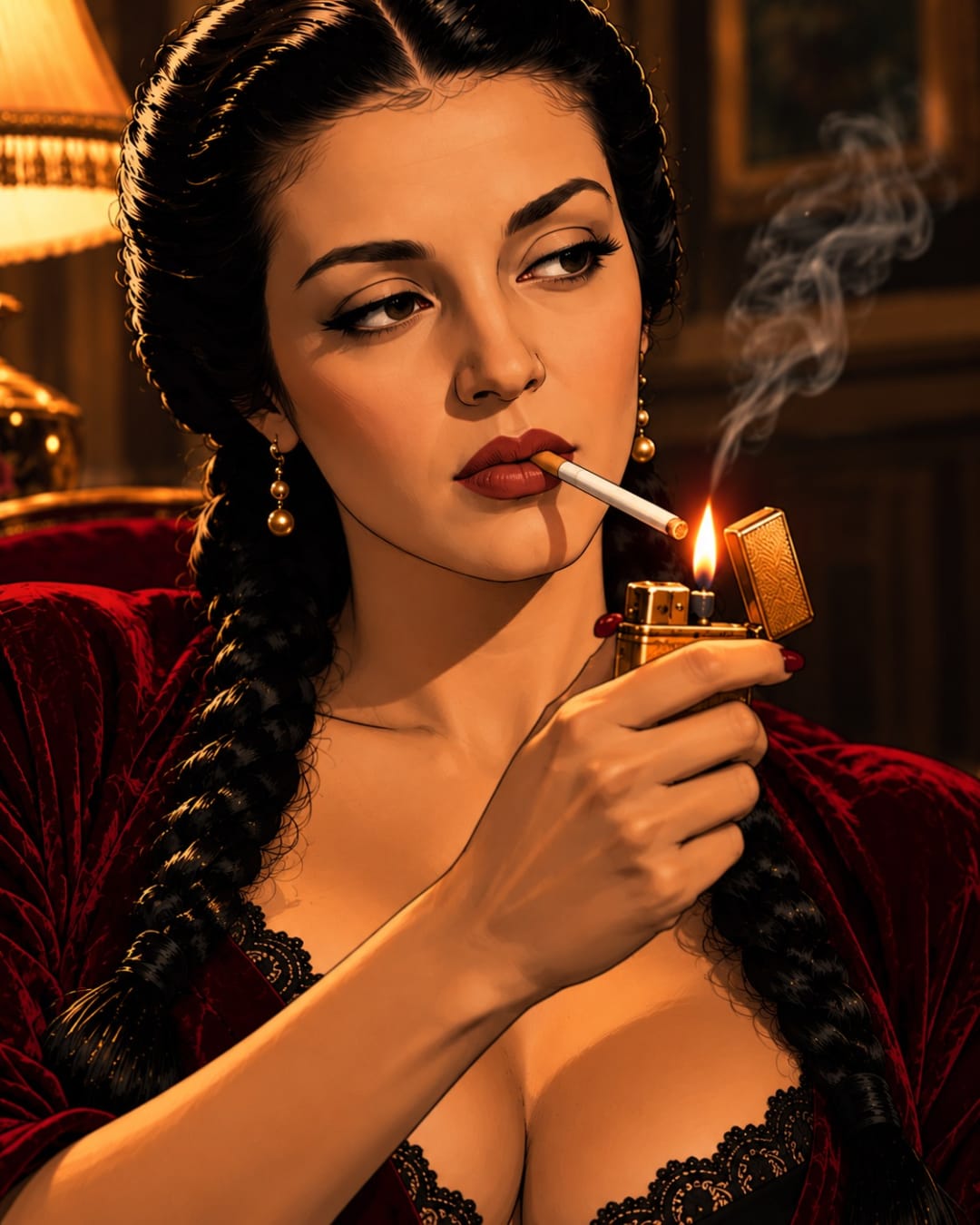 Close-up of the woman lighting a cigarette with a lighter