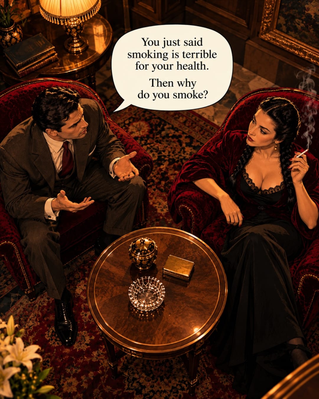 A man in a suit seated opposite the smoking woman asks why she smokes after calling it terrible