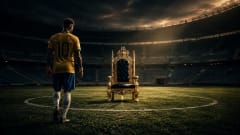 A lone footballer wearing a yellow number 10 jersey walks toward an ornate golden throne placed at the center of an empty stadium under dramatic evening skies, symbolizing the pursuit of greatness and the burden of unrealized potential.