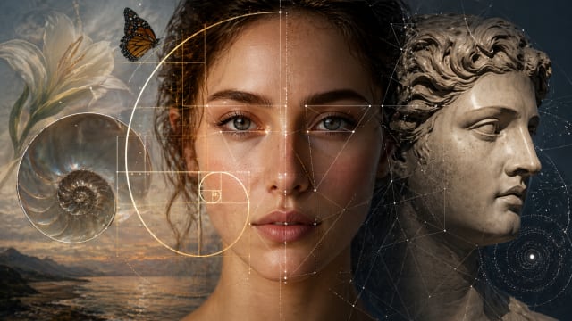 A realistic female face centered in the frame with geometric measurement lines and golden ratio overlays, blending into a classical marble sculpture on one side and natural spirals and flowers on the other, symbolizing the intersection of mathematics, nature, and human beauty.