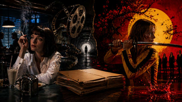 A cinematic split-scene inspired by *Pulp Fiction* and *Kill Bill*, featuring a woman resembling Mia Wallace in a dim retro diner on the left and a battle-ready figure wielding a katana in a stylised red landscape on the right, connected by surreal film imagery, evoking the layered narrative worlds of Quentin Tarantino.