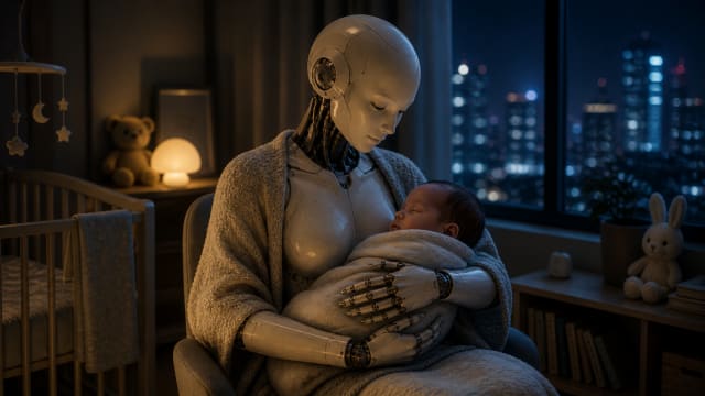 humanoid robot mother holding sleeping baby in modern nursery at night, artificial intelligence caregiving concept, future parenting technology, robot nanny with infant, ethical debate on AI motherhood, human vs machine caregiving, emotional bonding vs automation, futuristic childcare scene, soft lighting nursery with city skyline, robotics and parenting innovation, AI ethics in childcare, human touch vs algorithmic care, sci fi motherhood realism, high detail cinematic 16:9 scene