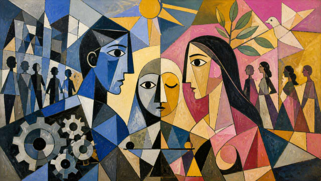 Bright cubist painting inspired by Picasso showing fragmented human faces split into contrasting halves with abstract crowds and geometric forms symbolizing gender as a compressive structure of reality