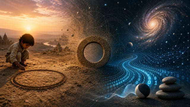 16:9 cinematic visual of a child drawing a circle in sand at sunrise, transitioning into a vast cosmic scene with galaxies and abstract binary light streams, symbolizing the concept of shunya, zero, and the transformation of nothingness into structure across mathematics, philosophy, and the digital universe