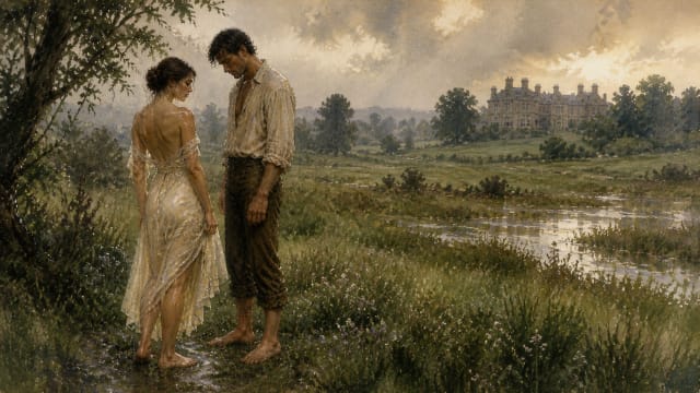 Watercolor illustration inspired by Lady Chatterley’s Lover by D. H. Lawrence, showing a couple standing barefoot in a rain-soaked English meadow with a distant estate, evoking intimacy, class divide, and emotional restraint.