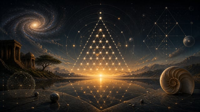 **Alt text:** Cosmic landscape with glowing geometric patterns, triangular lattice, symmetry and mathematical structures reflected on water at sunrise, inspired by Brahmaganita v1.0 by Abhishek Leela Pandey, and the philosophy of universal order.