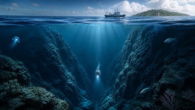 Cinematic 16:9 deep ocean scene showing the Mariana Trench as a vast underwater chasm with steep rocky walls descending into darkness, a lone submersible casting beams of light into the abyss, emphasizing scale, pressure, and isolation.