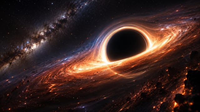 A massive black hole bends light and space at the center of a glowing cosmic disk, with the Milky Way stretching across a star-filled universe.