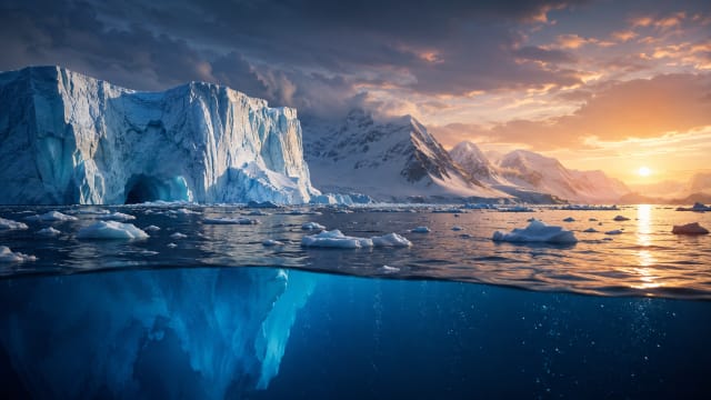 A vast polar landscape at sunset shows towering glaciers and floating icebergs above a dark blue ocean, with the underwater half revealing the massive hidden body of ice beneath the surface. Dramatic storm clouds and warm orange light contrast the frozen Arctic scene, symbolising the melting of the polar caps and climate change.