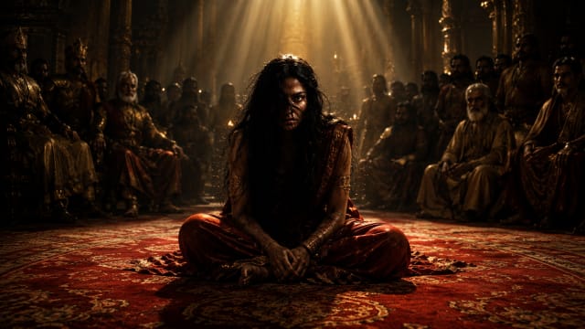Draupadi seated alone on an ornate red royal carpet inside a dark ancient throne room, her disheveled black hair partially covering her face as golden beams of light fall from above, surrounded by silent kings and warriors watching from the shadows, creating an atmosphere of humiliation, fury, and moral collapse, based on the novel Draupadi, The Fracture Of Dharma by Abhishek Leela Pandey