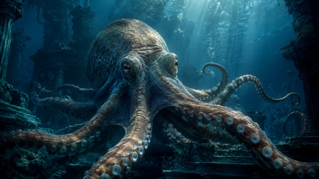 A colossal octopus emerges through ancient underwater ruins as beams of sunlight pierce the deep ocean, symbolizing alien intelligence and the mystery of consciousness.