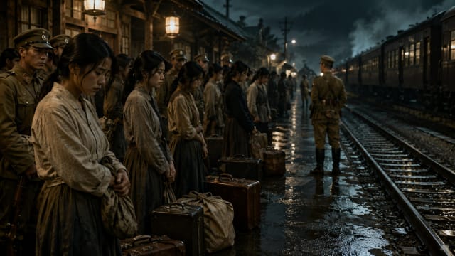 A rain-soaked World War II railway platform at night. A line of young East Asian women stand silently with worn suitcases at their feet while uniformed soldiers surround them. Their heads are lowered, faces exhausted and fearful under cold lantern light. Steam from a departing train drifts through the dark blue night sky. Wet tracks reflect the glow of station lamps, creating a haunting atmosphere of dread, displacement, and captivity. Cinematic historical realism with muted desaturated colors and emotional tension.