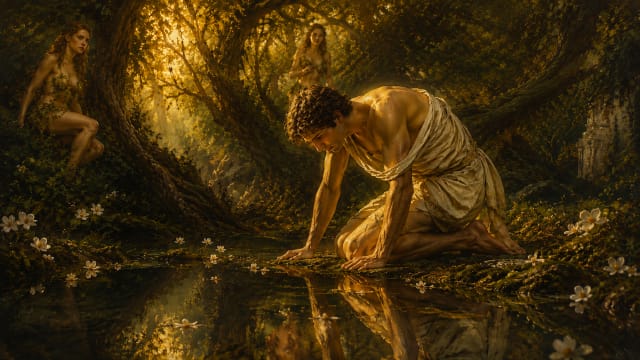 A young Narcissus in a draped Greek shrug kneels beside a still forest lake at golden hour, staring with open-eyed fascination at his reflection in the water. Warm sunlight filters through ancient twisted trees and mist, illuminating moss-covered ground and floating white petals. Three ethereal forest nymphs wearing organic leaf-skirts watch silently from the shadows, blending into the lush emerald foliage. The scene feels cinematic, mythological, and emotionally haunting, with rich reflections, volumetric light, and Renaissance-inspired realism.