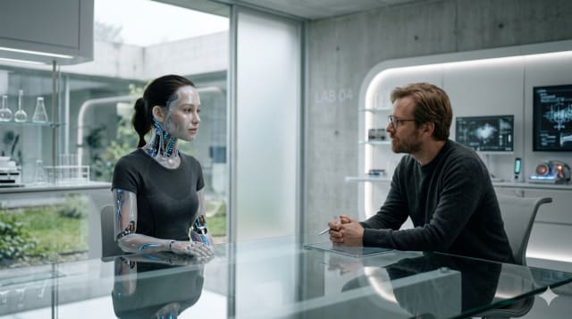 A humanoid robot with translucent synthetic skin sits across a glass table from a man in a modern lab, both facing each other in a quiet, tense conversation, surrounded by soft lighting and minimal futuristic equipment.