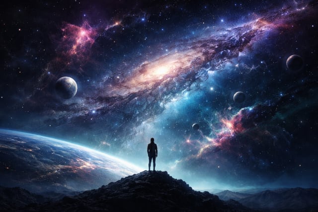 A lone human silhouette stands on a jagged peak above Earth, gazing into a vast surreal cosmos filled with glowing galaxies, swirling nebulae, and distant planets, where luminous colors and deep shadows evoke awe, isolation, and the mystery of possible life beyond our world.