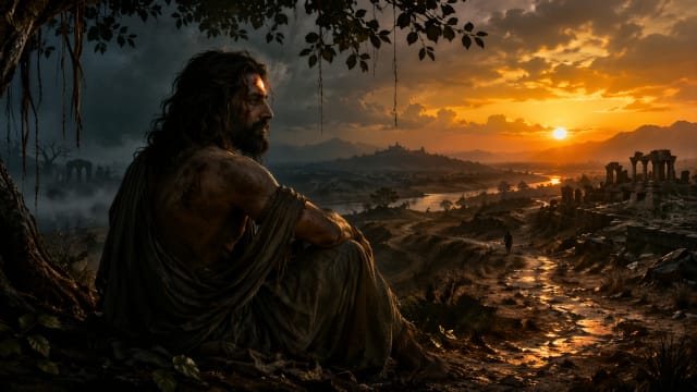 A lone, battle worn man with a faintly glowing mark on his forehead sits beneath a twisted tree at sunset, overlooking a vast desolate valley with ancient ruins and a winding path stretching into the distance, evoking the burden of endless wandering and memory.