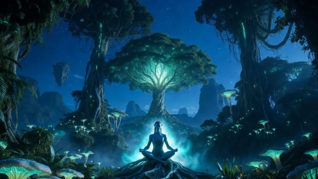 A glowing alien forest at night with towering trees and floating mountains, a blue skinned humanoid figure meditating at the base of a radiant tree, luminous roots spreading outward and connecting with the figure, surrounded by bioluminescent plants and soft blue green light, evoking a sense of unity between life and nature.