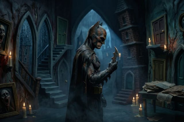 A dark cinematic scene shows a brooding masked vigilante in a battered black suit standing inside a gothic, candlelit chamber. He studies a sharp bat shaped weapon in his gloved hand while rain falls through tall arched windows behind him. The room is eerie and cluttered with crooked staircases, cracked stone walls, disturbing paintings of screaming faces, and a wooden table covered with scattered papers. Dim candlelight flickers across the room, casting long shadows and giving the scene a tense, psychological atmosphere.