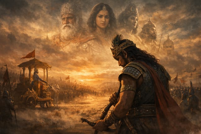 A warrior stands on a vast battlefield at dusk, head bowed as he holds a bow, while a divine charioteer guides a chariot drawn by white horses in the distance; above them, ethereal faces of legendary figures emerge from golden clouds, watching over the scene, evoking tension, destiny, and moral conflict.