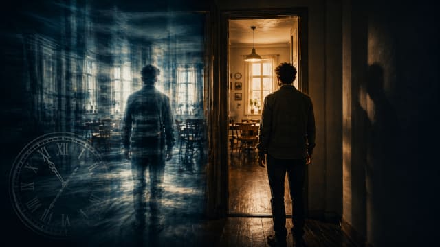 A man stands in a doorway between two contrasting spaces: on the right, a warm, softly lit room with wooden floors and furniture; on the left, a cold, bluish, distorted version of the same space with a ghostlike duplicate of the man and a faint, oversized clock emerging from the shadows, evoking a surreal blend of memory and time.