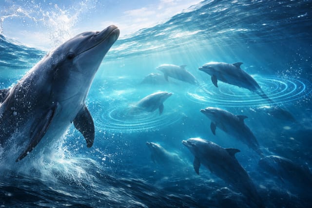 A wide 16:9 underwater scene showing a pod of dolphins swimming through blue ocean light. One dolphin breaches near the surface on the left, water droplets frozen mid-air, while several others glide beneath sunlit rays. Subtle circular ripples in the water suggest acoustic communication, evoking a sense of coordinated, intelligent social life.
