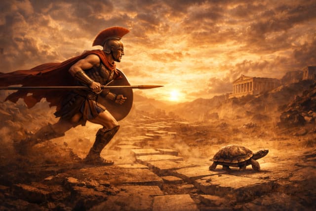 Achilles in bronze Greek armor sprints along a broken stone path at sunset, shield and spear in hand, chasing a small tortoise ahead of him, with ancient temple ruins silhouetted against a dramatic golden sky and dust swirling in cinematic light.