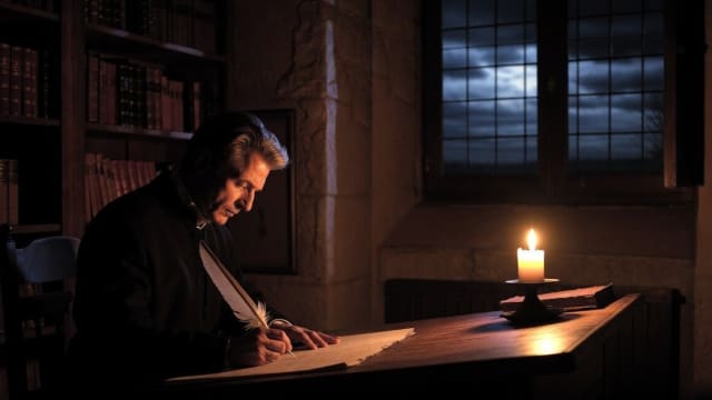A solitary man writes by candlelight in a dim Renaissance study, surrounded by shelves of books, while a storm gathers outside the window, casting a tense and contemplative atmosphere.