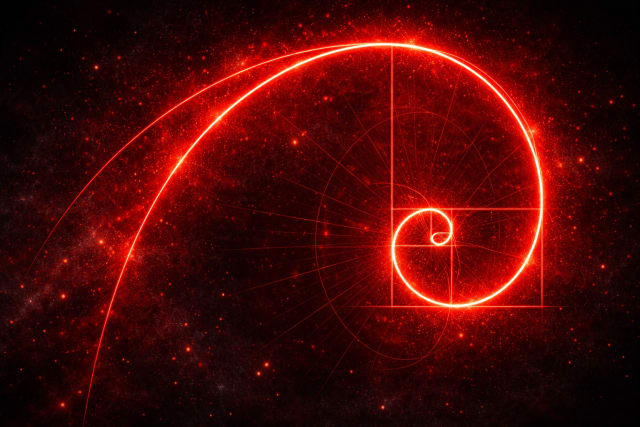 Glowing red Fibonacci (golden ratio) spiral radiating against a dark cosmic background, with luminous geometric grid lines and particles highlighting the mathematical curve as it winds inward toward a bright center.