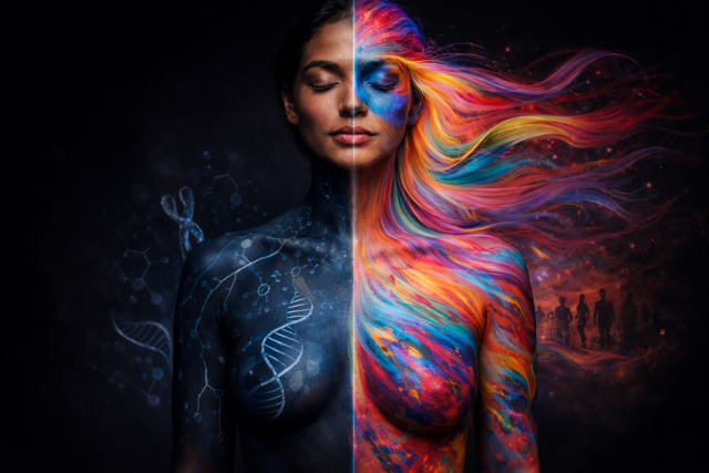 Studio portrait of a woman shown from the chest up against a dark background, her body painted in two contrasting styles—one side in cool blue tones with subtle scientific patterns, the other in vivid, flowing colors—creating a dramatic split effect under soft, directional lighting.
