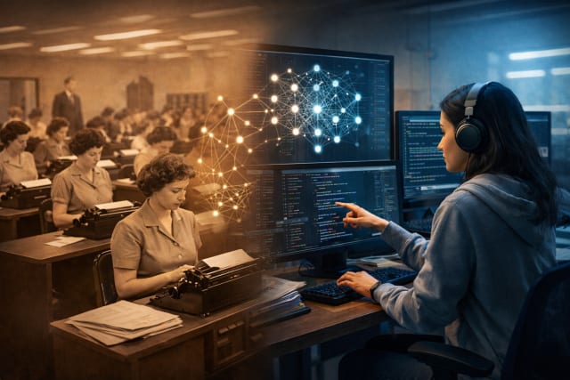 A cinematic 16:9 image showing the evolution of women's work with technology. In the foreground, a modern woman sits at a workstation debugging a neural network on glowing computer screens. The network visualization radiates outward as luminous nodes and lines. As the scene extends behind her, the digital network gradually transforms into rows of desks with women typing on mechanical typewriters in a 1950s office. The transition between past and present blends smoothly, with warm sepia tones fading into cool blue digital light, symbolizing the shift from clerical labor to AI engineering.