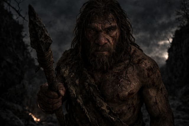 A dark cinematic portrait of a Neanderthal hunter standing in a misty prehistoric wilderness, gripping a stone spear and staring directly into the camera with an intense, primal expression, his dirt-covered face and muscular body illuminated by faint storm light against a backdrop of shadowy mountains and barren trees.