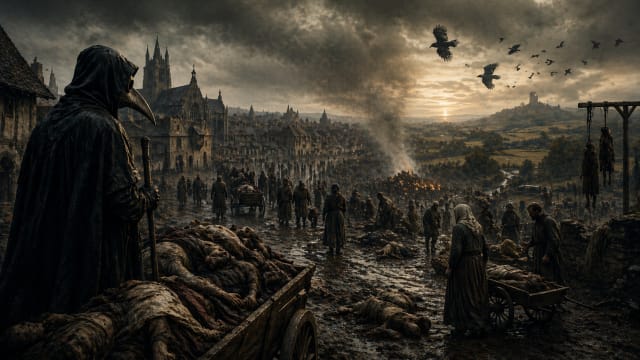 A dark, cinematic 16:9 scene of a plague-stricken medieval town, with a cloaked plague doctor overlooking carts of bodies, grieving figures in muddy streets, distant funeral fires, and a ruined city under heavy storm clouds.