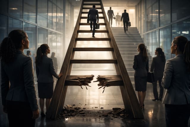 A cinematic, ultra-realistic corporate scene showing a tall wooden ladder inside a modern glass office building, where the first rung is broken and splintered on the floor. Several professional women stand at the base looking upward, while two men in business suits climb higher toward a brightly lit executive level, symbolizing the “broken rung” barrier in career advancement.