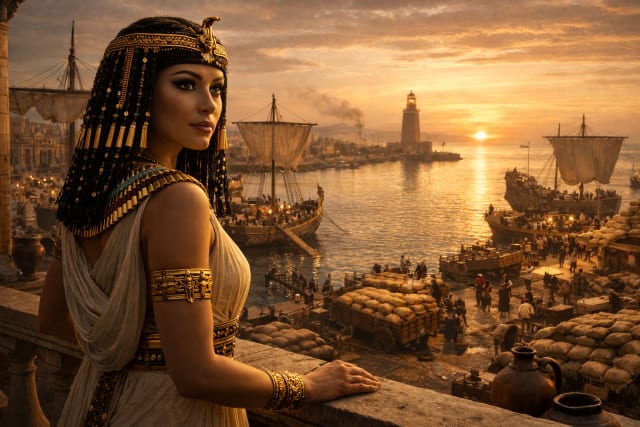 A cinematic portrait of Cleopatra with her face visible, standing on a stone balcony overlooking the busy harbor of ancient Alexandria at sunrise. She wears a gold cobra headdress and ornate Egyptian jewelry while ships below load sacks of grain for export along the Nile, with the Pharos Lighthouse glowing in the distance.