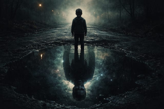 A dark surreal scene shows a lone child standing on a deserted road at night, surrounded by fog and bare trees. The child looks down into a still puddle that reflects a haunting adult version of himself, whose face emerges from a cosmic, star filled void. The reflection appears deeper than the surface, as if the child is staring into his own future or subconscious. The atmosphere is eerie and cinematic, with dim bluish light and shadows amplifying a sense of isolation, identity, and psychological depth.