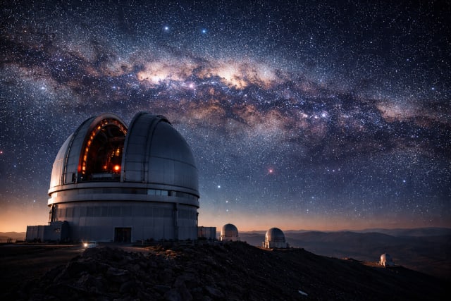 Large dome observatory on a rocky mountaintop under a brilliant Milky Way sky, glowing red inside while distant telescope domes sit along the ridge at night in a wide 16:9 frame.