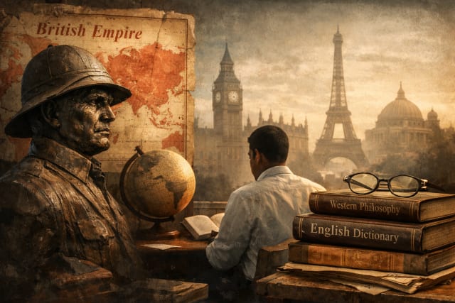 A cinematic scene symbolizing colonial legacy and intellectual influence: a bronze statue of a colonial officer stands beside a globe and a faded map labeled “British Empire,” while a man sits reading at a desk stacked with books titled Western Philosophy and English Dictionary. In the background, silhouettes of European landmarks such as Big Ben and the Eiffel Tower rise through a hazy sky, representing the lingering cultural and intellectual dominance of the West.