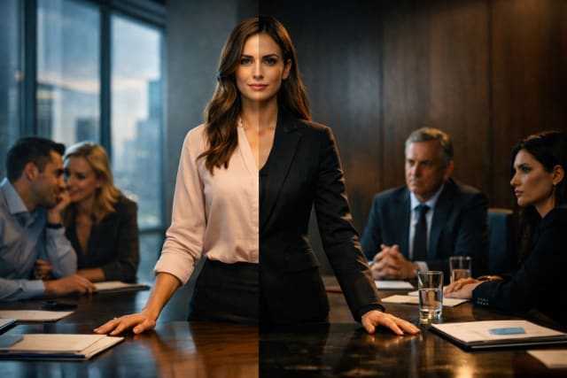 A cinematic boardroom scene showing a confident professional woman standing at the head of a conference table. Her appearance is split down the middle—one side soft and approachable in a light blouse, the other side assertive in a dark suit—while colleagues sit around the table watching with mixed expressions, symbolizing the tension women face between being agreeable and being seen as authoritative.