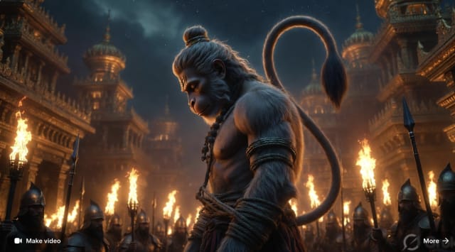 A solemn, monkey-like warrior figure stands bound in ropes before a grand ancient city lit by flames at night, surrounded by armored soldiers holding torches, his head bowed in calm defiance under a starry sky.