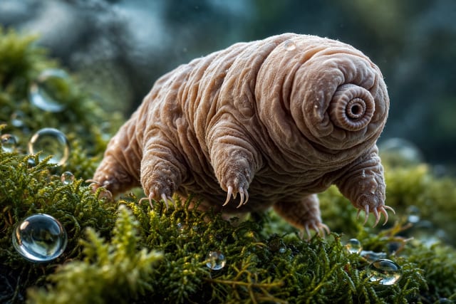 A hyper-detailed microscopic view of a tardigrade crawling across dewy green moss, its wrinkled body and tiny claws sharply in focus against a softly blurred, moisture-rich background, evoking the hidden resilience of life at an unseen scale.