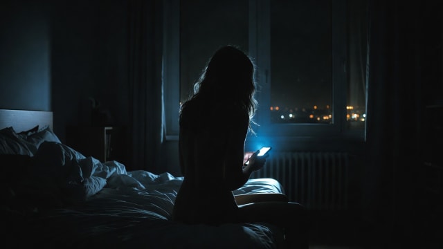 Silhouette of a person sitting on a bed in a dark bedroom at night, illuminated only by the blue glow of a smartphone, with faint city lights visible through a window in the background.