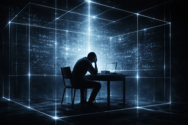 A lone figure sits at a desk in a dark room, surrounded by glowing geometric grid lines and floating mathematical equations that form a luminous cube-like cage around them, symbolizing intellectual confinement and overanalysis.