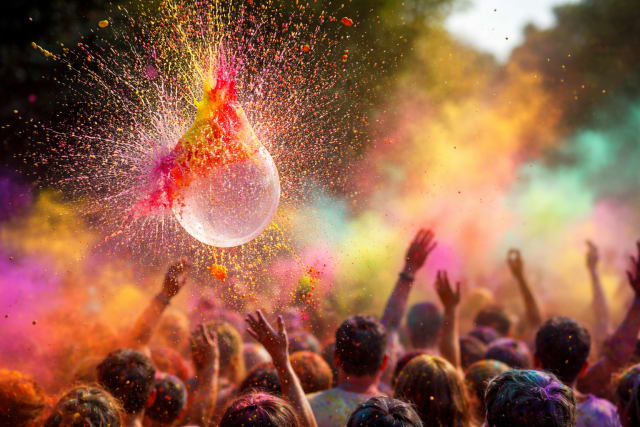 A water balloon filled with bright pink, yellow, and orange color bursts midair during Holi, scattering vivid powder and droplets above a cheering crowd with raised hands, as sunlight illuminates swirling clouds of color in a 16:9 cinematic frame.