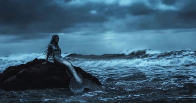 A dark, cinematic scene of a mermaid rising from turbulent ocean waves under a stormy sky, her body arched upward and hair swept by the wind, evoking a haunting and powerful presence.