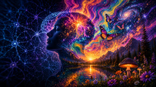 A surreal 16:9 psychedelic artwork showing a serene human profile blending into a cosmic landscape, with glowing neural patterns on one side and a vibrant, dreamlike scene of galaxies, mountains, butterflies, and reflective water on the other, symbolizing altered perception and expanded consciousness.