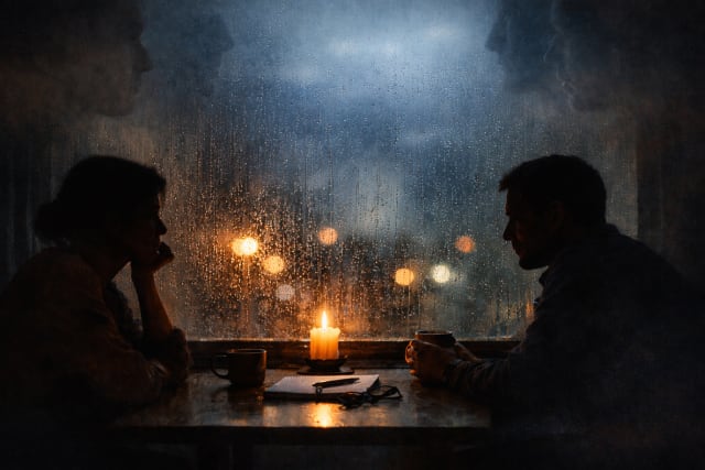 Two silhouetted figures sit across from each other at a small café table by a rain-streaked window at dusk, a single candle glowing between them while blurred city lights shimmer outside, creating a quiet, contemplative mood.